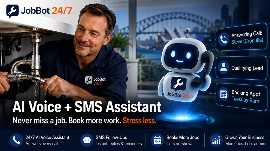 JobBot 24/7 AI Voice and SMS Assistant helping a plumbing professional answer calls, qualify leads and book appointments